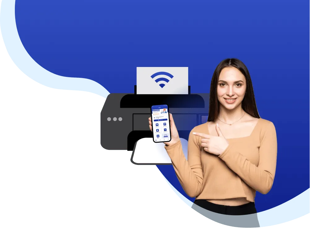 A woman holding a phone next to a Wi-Fi printer